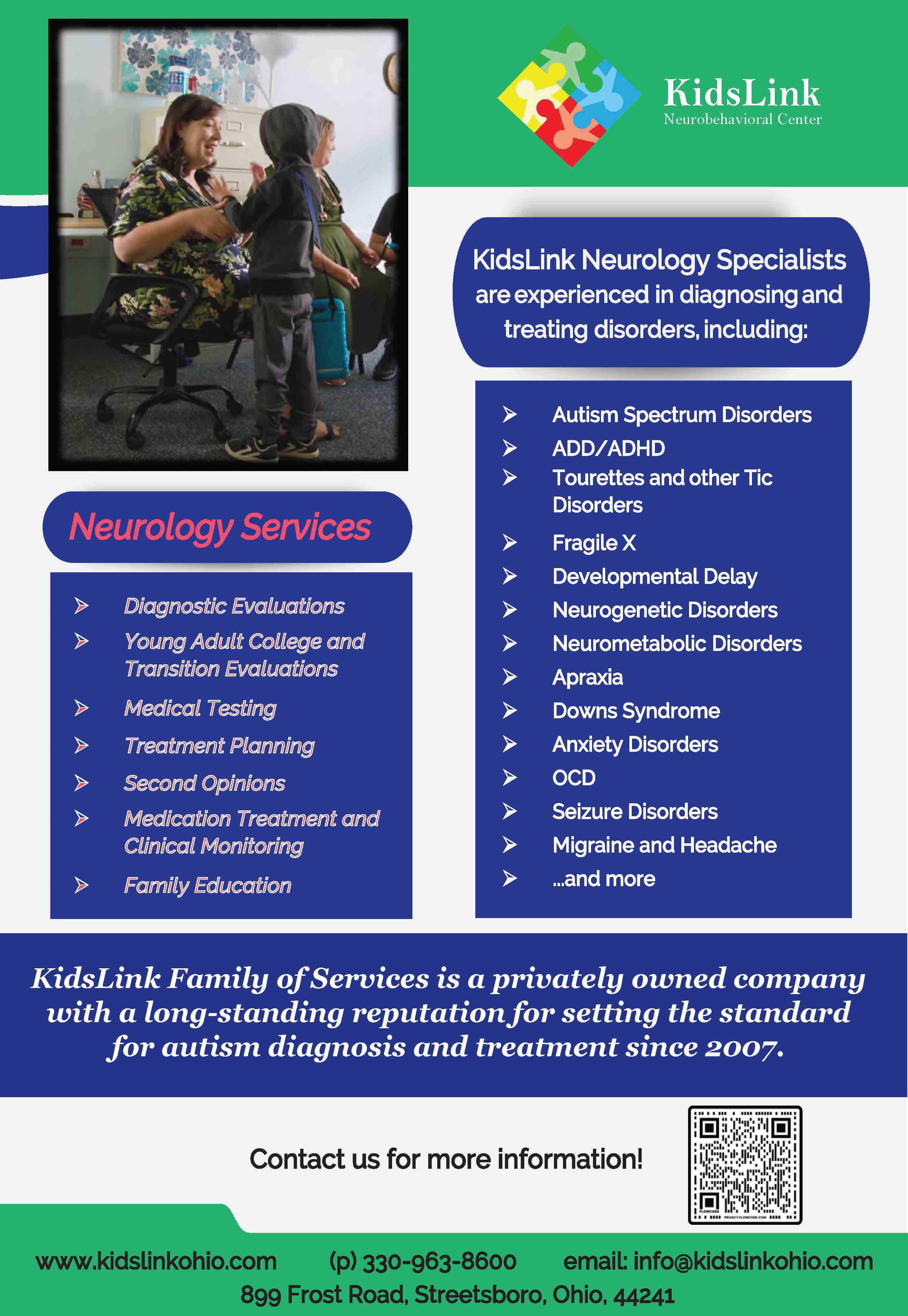 KidsLink Neurobehavioral Center Neurology Services flyer